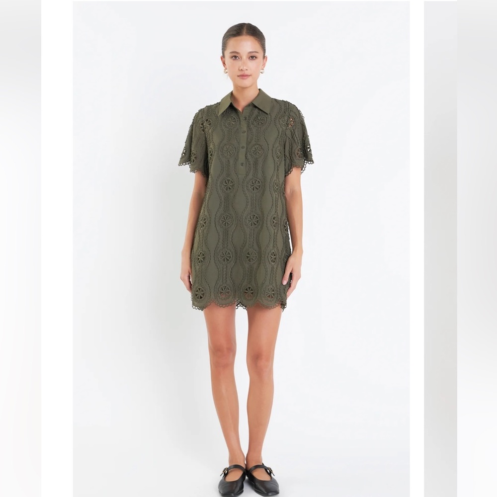 English Factory Olive Green Eyelet Shirt Mini Dress